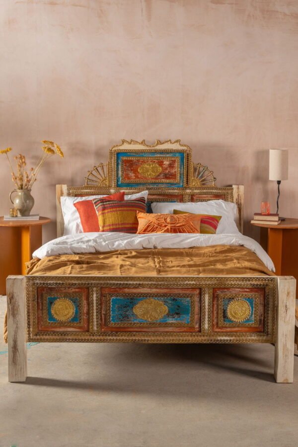 Bohemian Carved Bed with Vintage Finish - Image 2