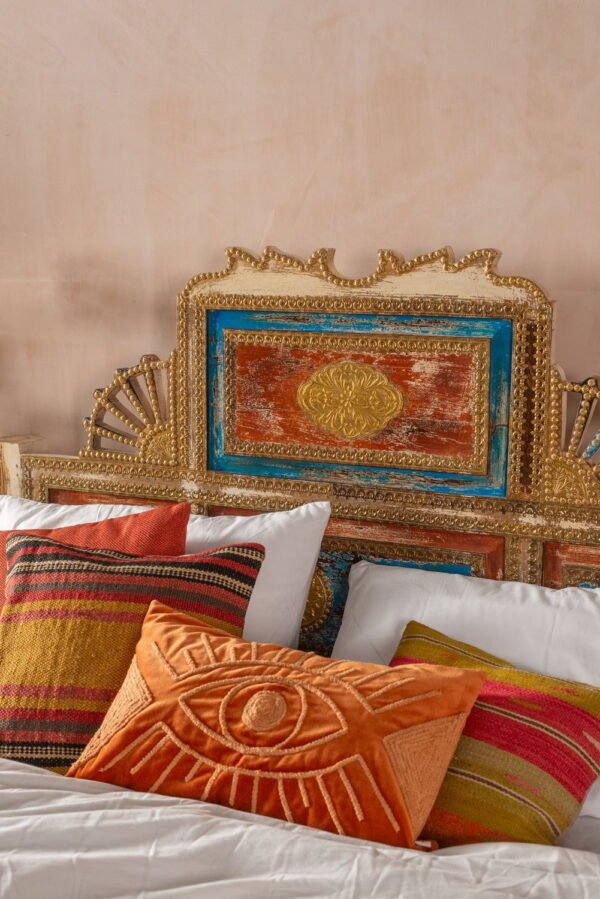 Bohemian Carved Bed with Vintage Finish - Image 4
