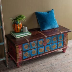 Blue Painted Trunk made from New and Reclaimed Wood with a Metal Trim
