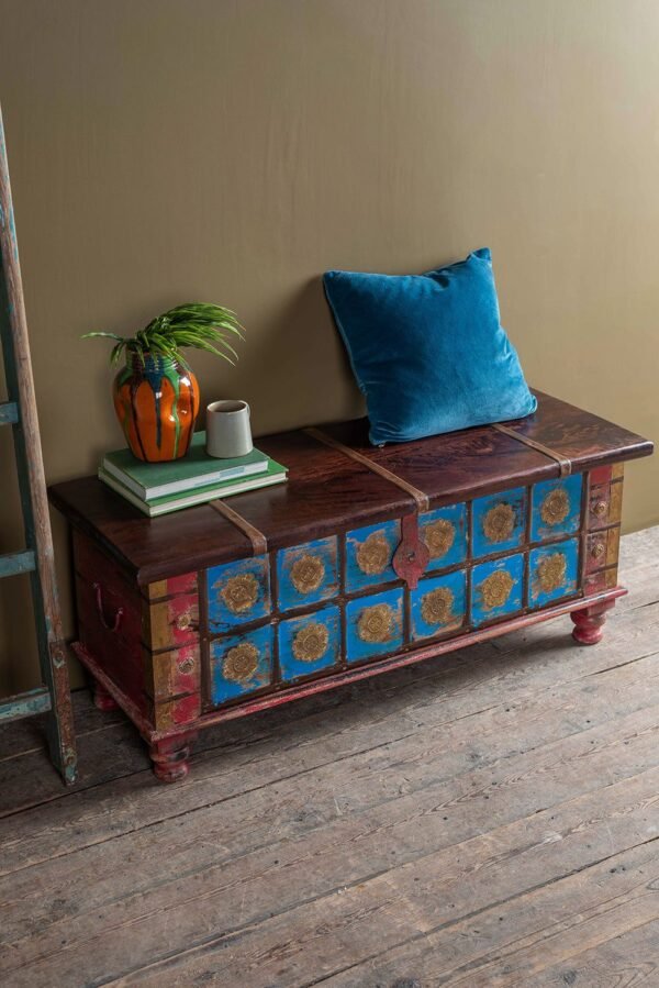 Blue Painted Trunk made from New and Reclaimed Wood with a Metal Trim