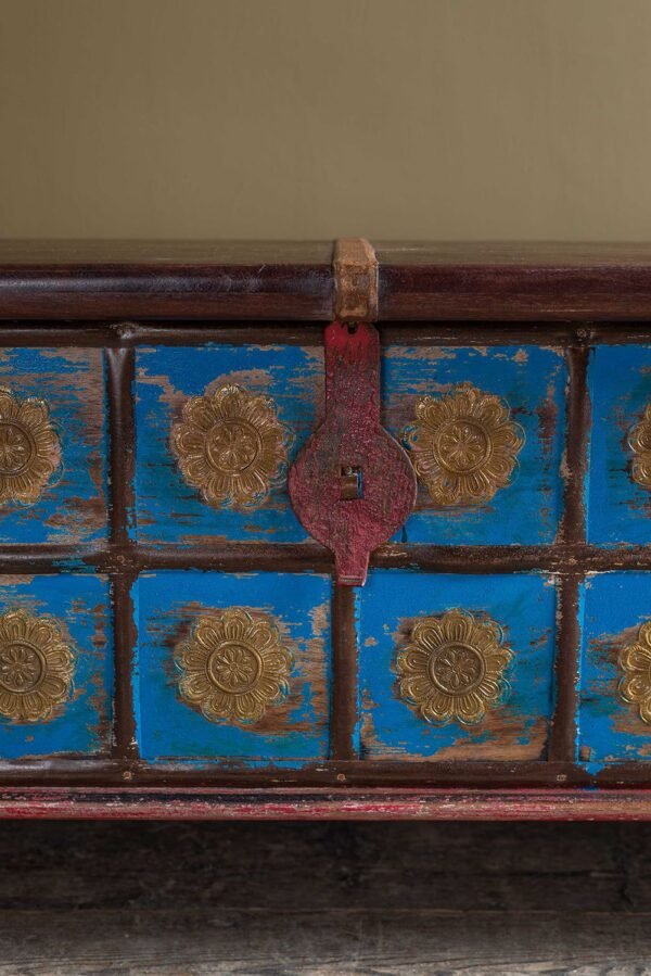 Blue Painted Trunk made from New and Reclaimed Wood with a Metal Trim - Image 4