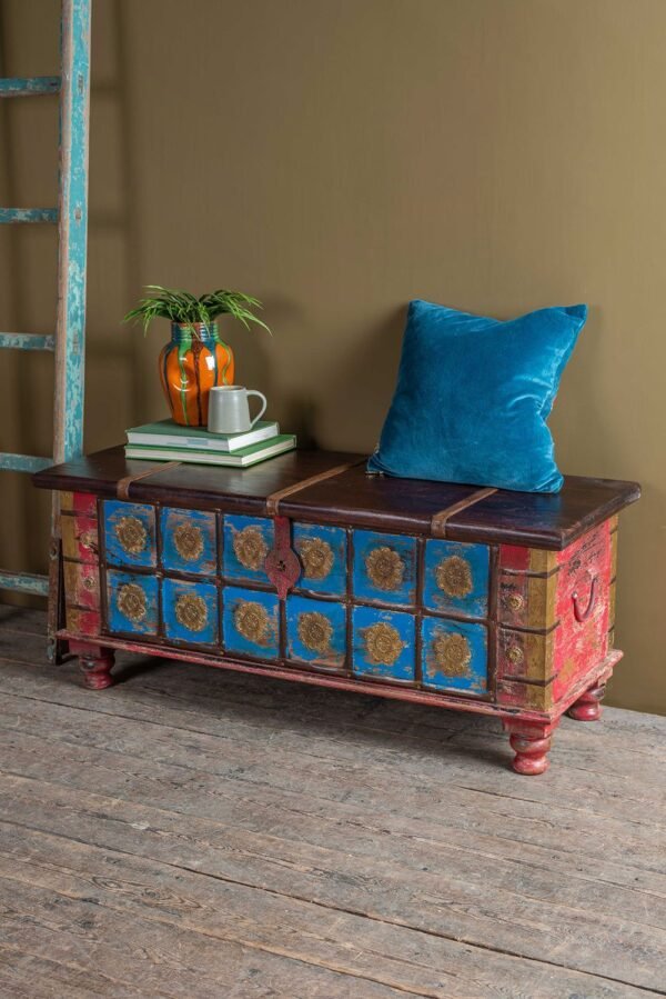 Blue Painted Trunk made from New and Reclaimed Wood with a Metal Trim - Image 7