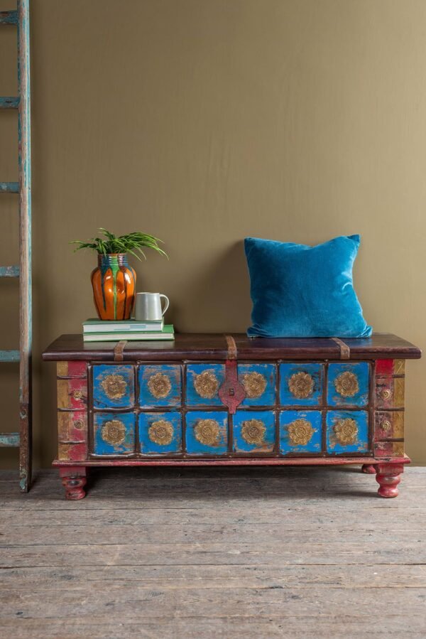 Blue Painted Trunk made from New and Reclaimed Wood with a Metal Trim - Image 2