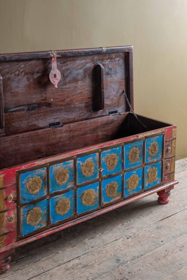 Blue Painted Trunk made from New and Reclaimed Wood with a Metal Trim - Image 5