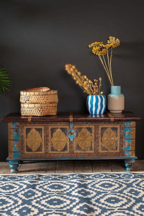 Blue Wooden Chest with Brass Trim