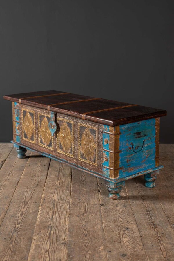Blue Wooden Chest with Brass Trim - Image 9