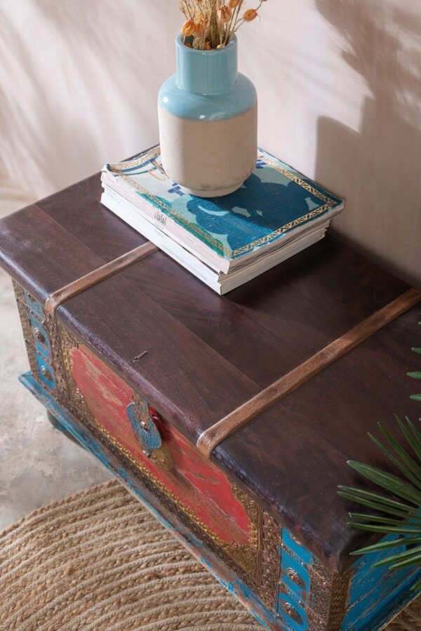 Red and Blue Wooden Chest with Brass Trim - Image 2