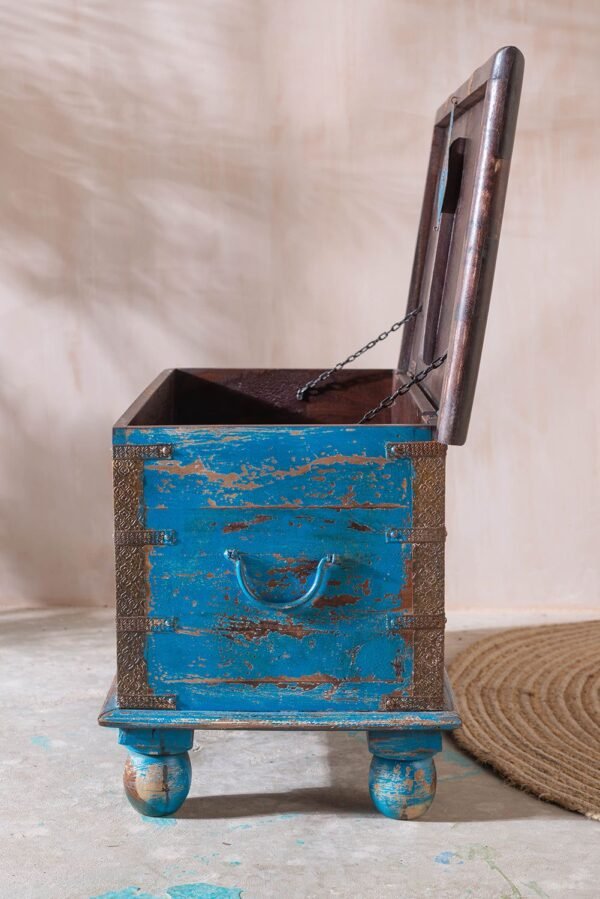Red and Blue Wooden Chest with Brass Trim - Image 8
