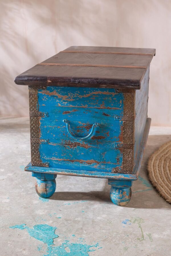 Red and Blue Wooden Chest with Brass Trim - Image 5