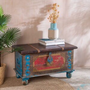 Red and Blue Wooden Chest with Brass Trim