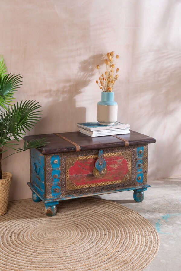 Red and Blue Wooden Chest with Brass Trim