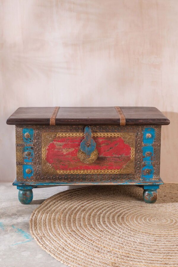 Red and Blue Wooden Chest with Brass Trim - Image 3