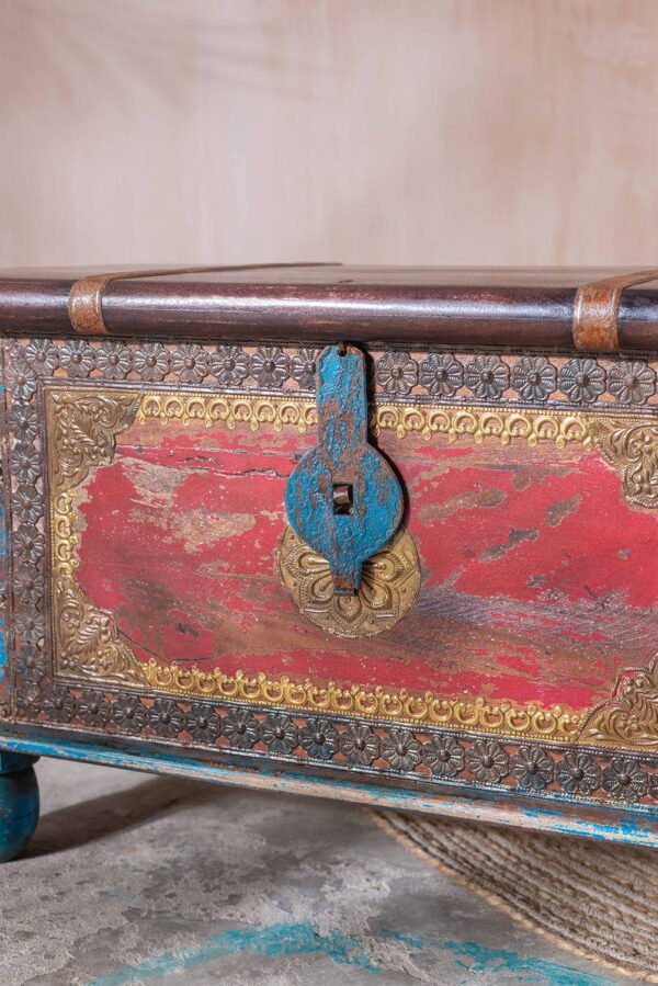 Red and Blue Wooden Chest with Brass Trim - Image 4