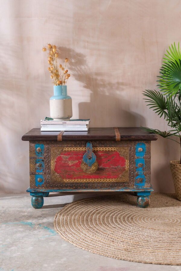 Red and Blue Wooden Chest with Brass Trim - Image 9