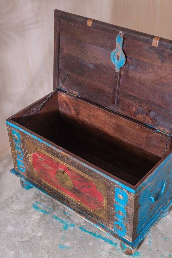 Red and Blue Wooden Chest with Brass Trim - Image 7