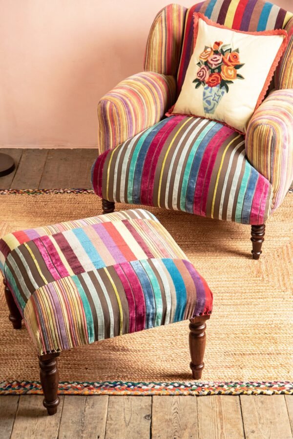 Fandango Striped Velvet Armchair & Footstool Bundle - Image 2
