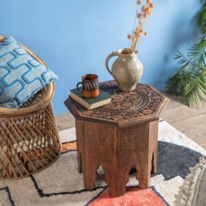 Teak Octagonal Carved Side Table