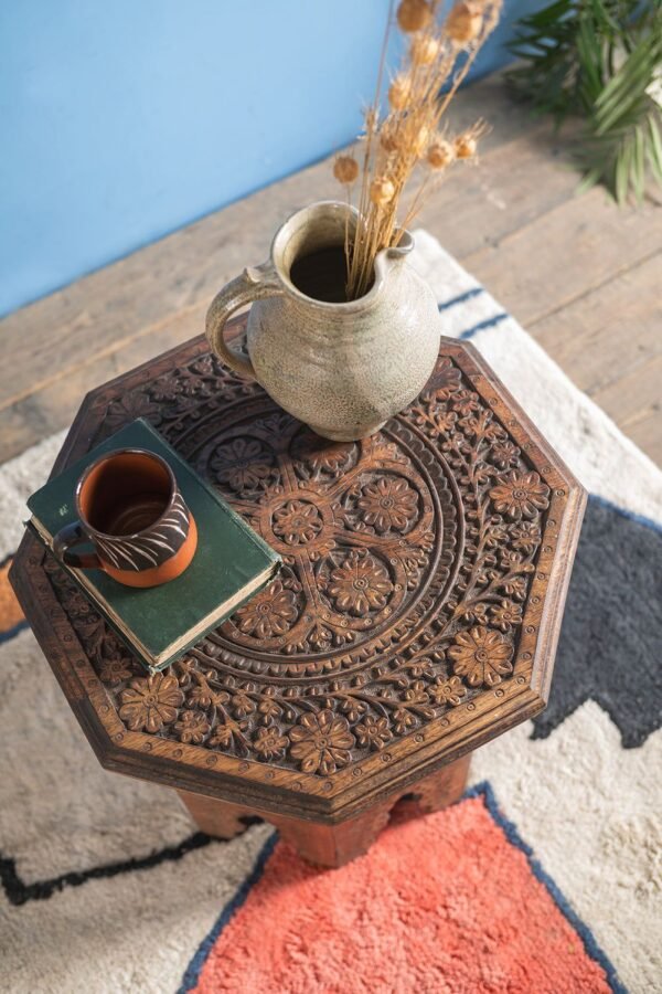 Teak Octagonal Carved Side Table - Image 3