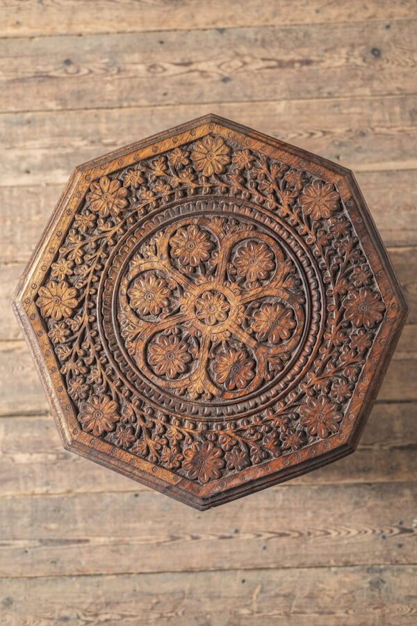 Teak Octagonal Carved Side Table - Image 5