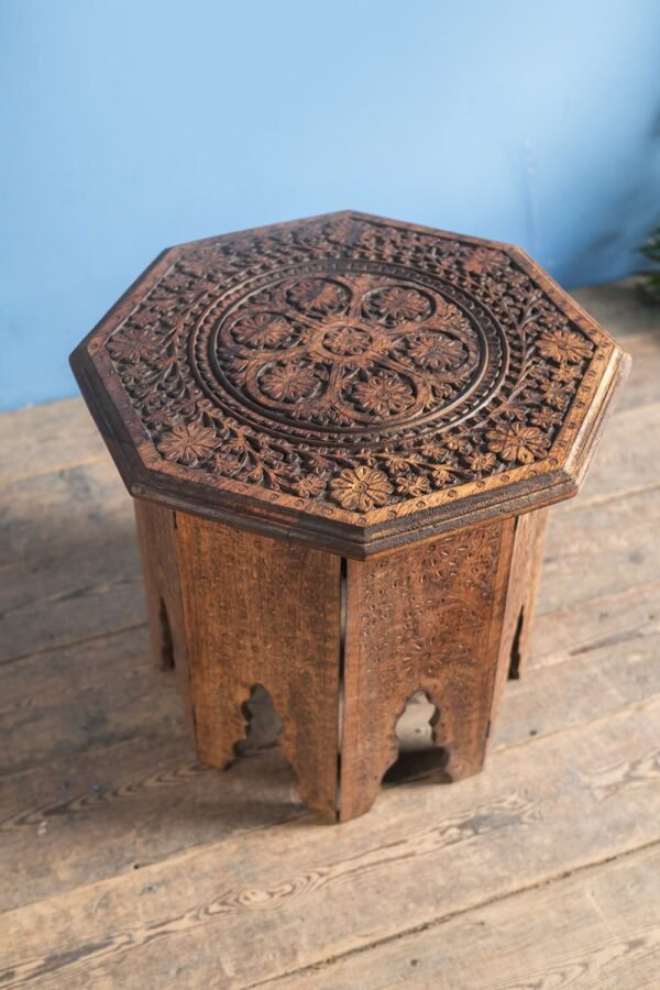 Teak Octagonal Carved Side Table - Image 8